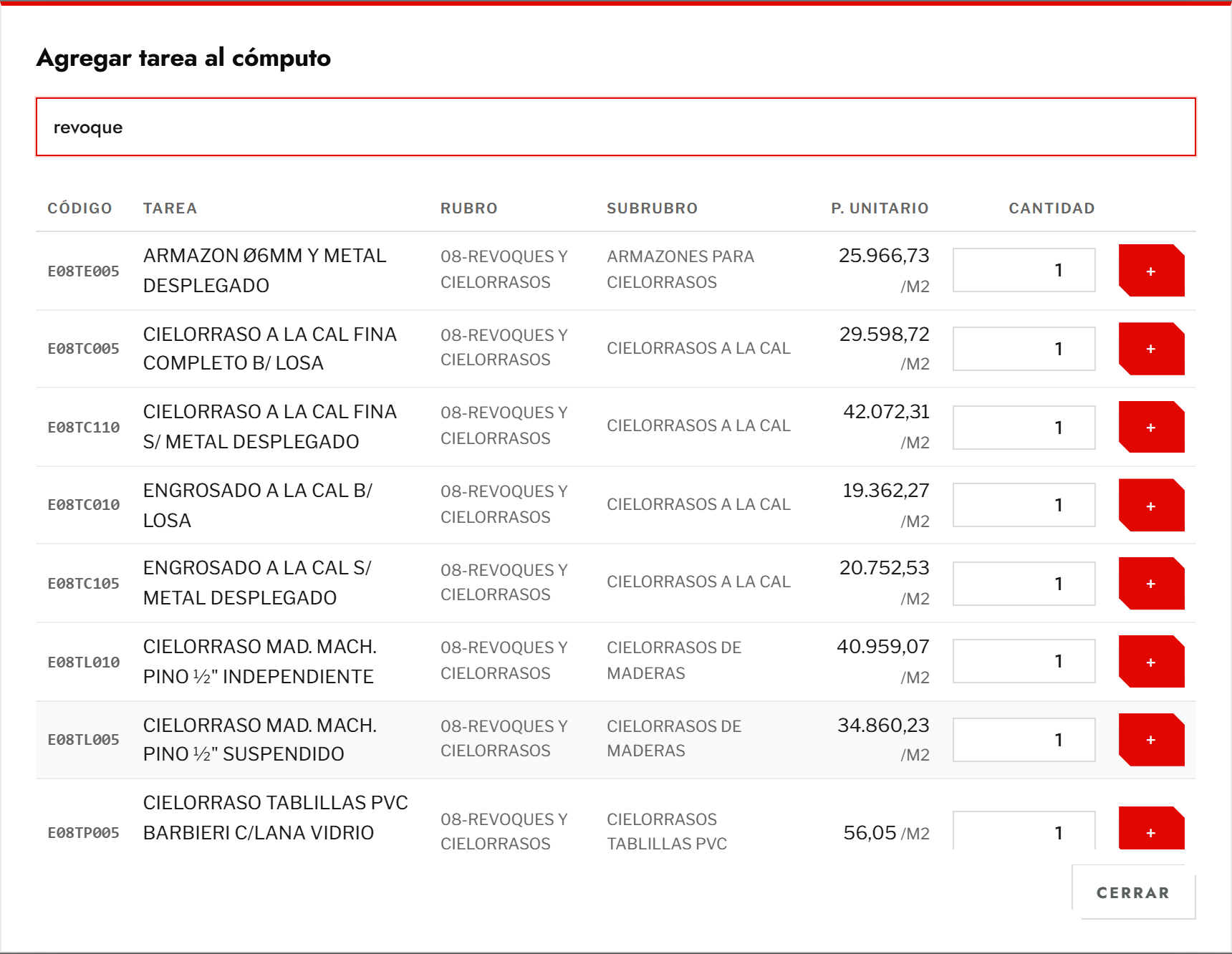 Búsqueda de tareas por la palabra revoque, con columnas Rubro y Subrubro