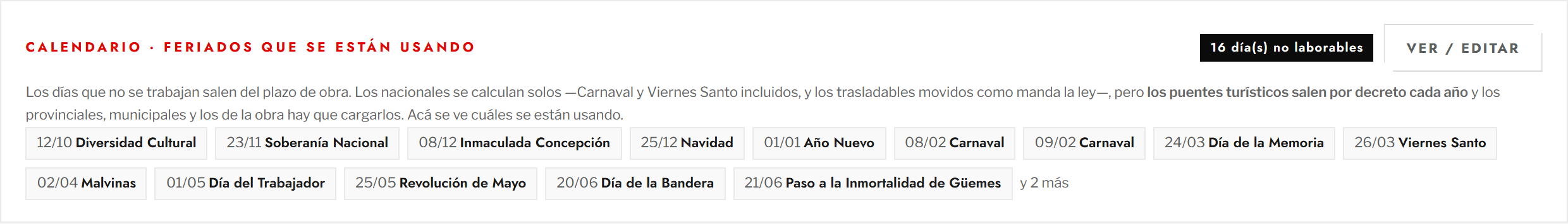 Feriados que se están usando en el plan