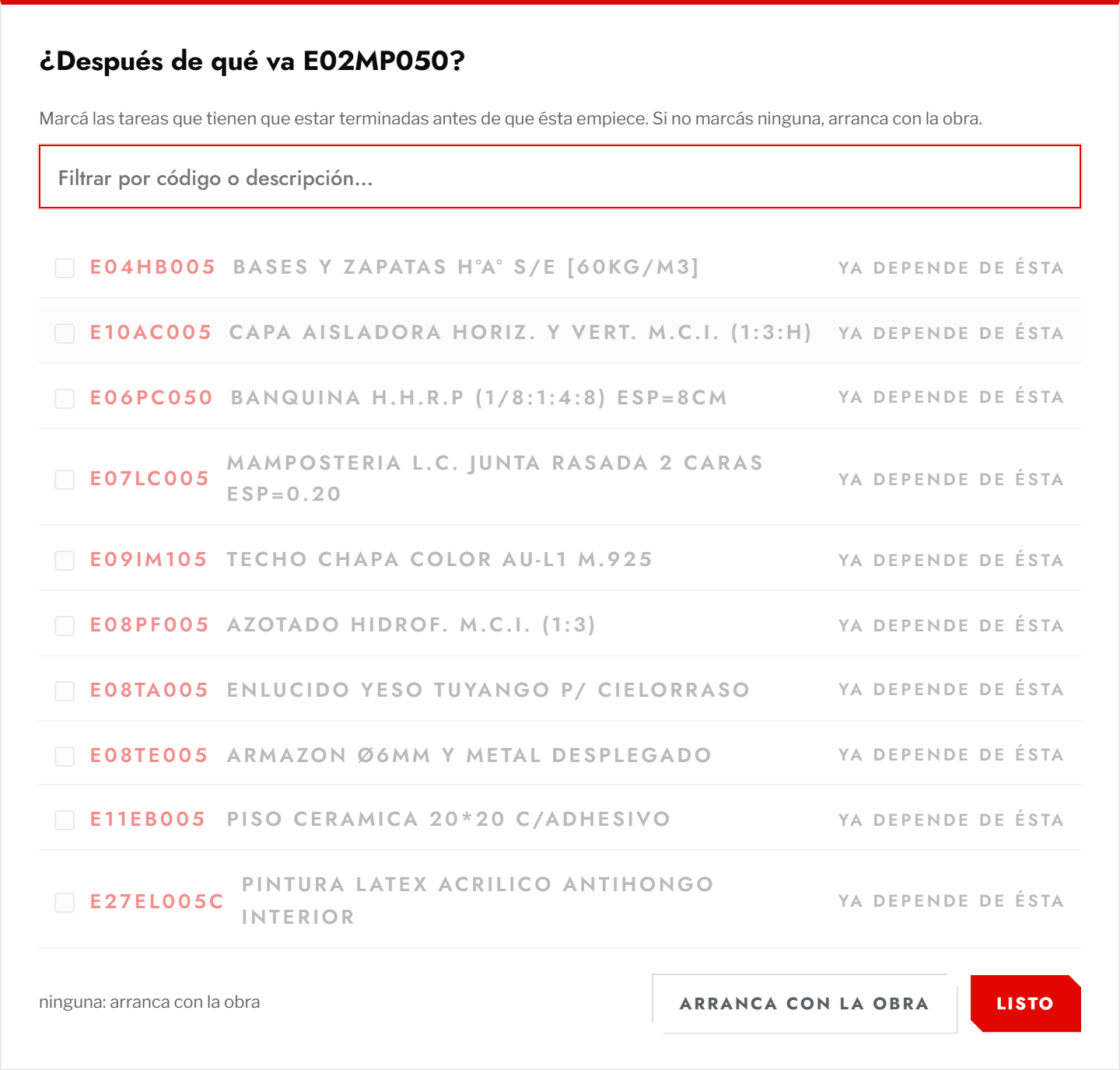 Ventana para elegir las predecesoras de una tarea
