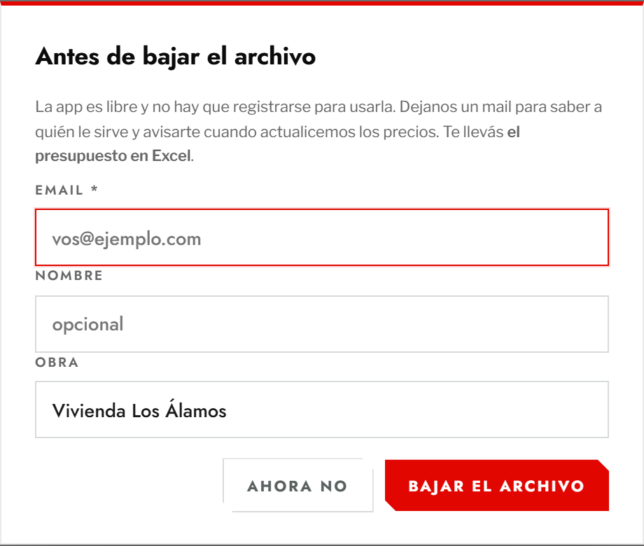Ventana que pide el email antes de bajar el archivo